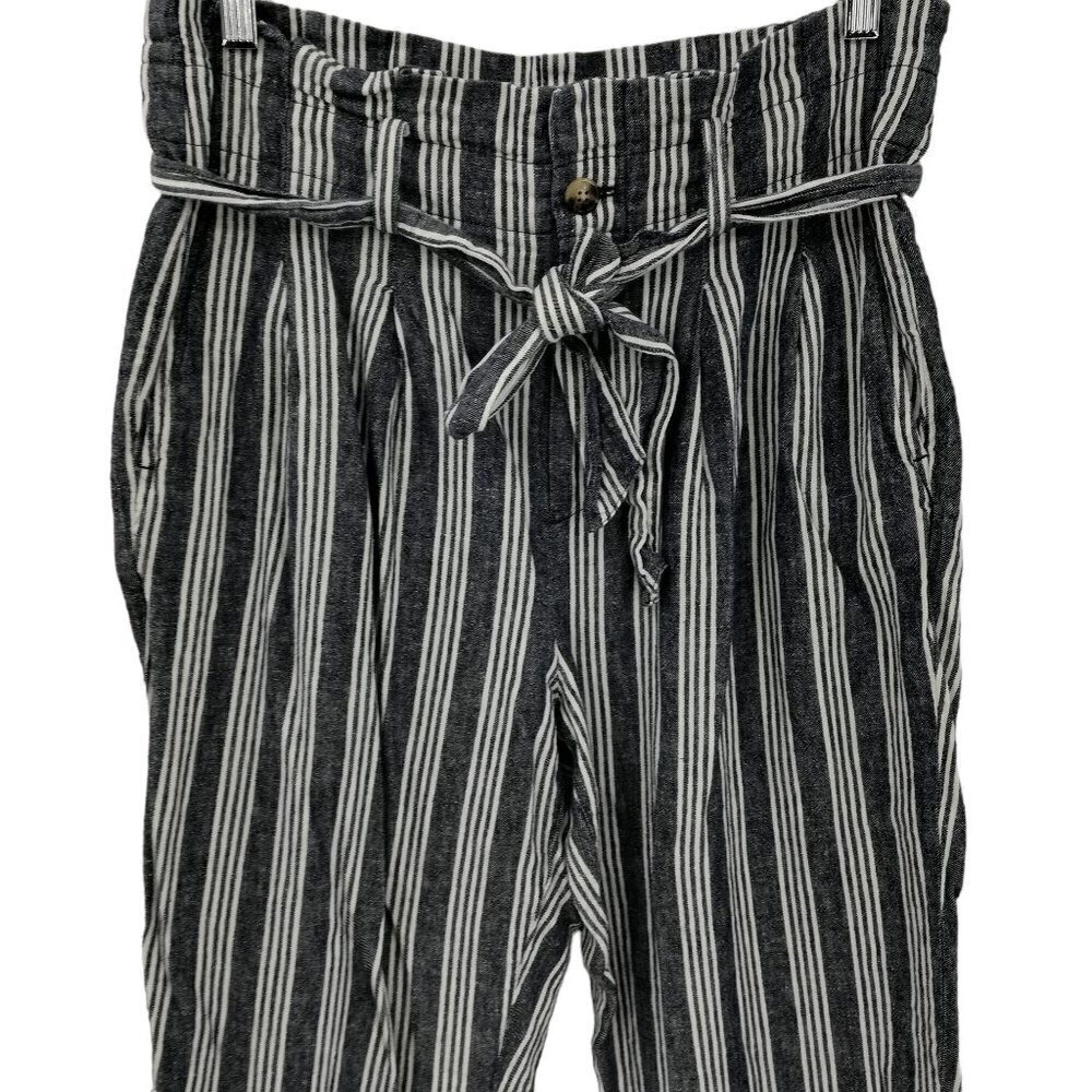 Madewell Striped Linen Blend Paperbag Pants Size 8 Pleated Indigo Stripe Belted - Picture 3 of 12